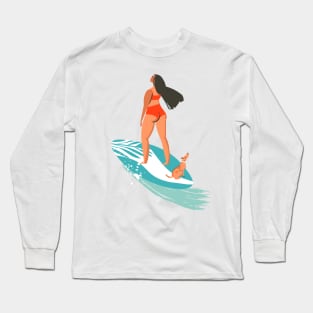 BEACH SURFING WOMEN WITH DOG Long Sleeve T-Shirt